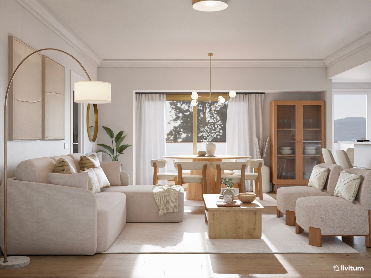 sal&oacute;n en tonos claros, sof&aacute; en L y mesa de centro