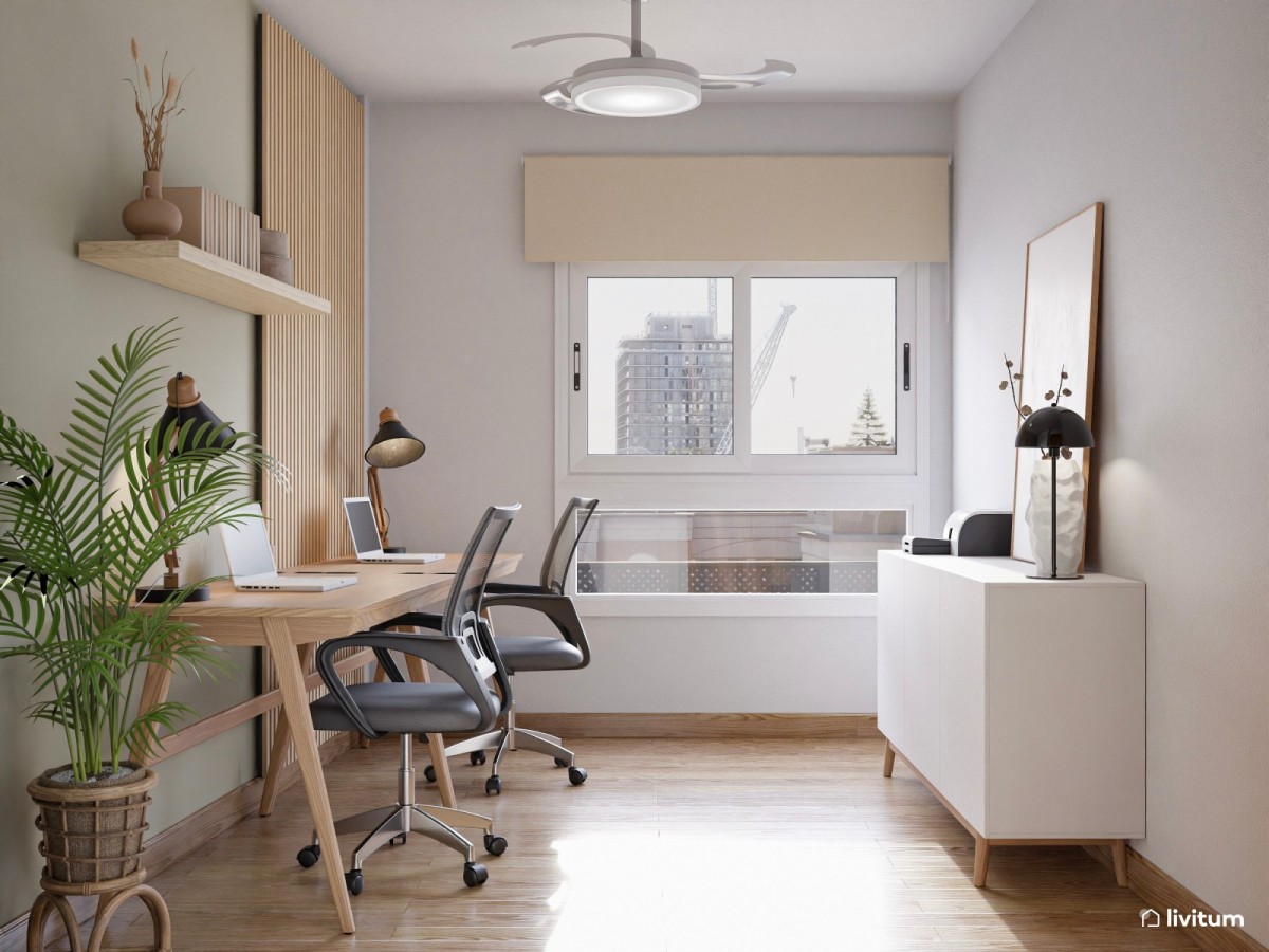 estudio doble con listones de madera, escritorio y planta vertical decorativa