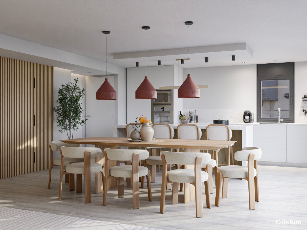 comedor con cocina abierta y l&aacute;mparas de color terracota 