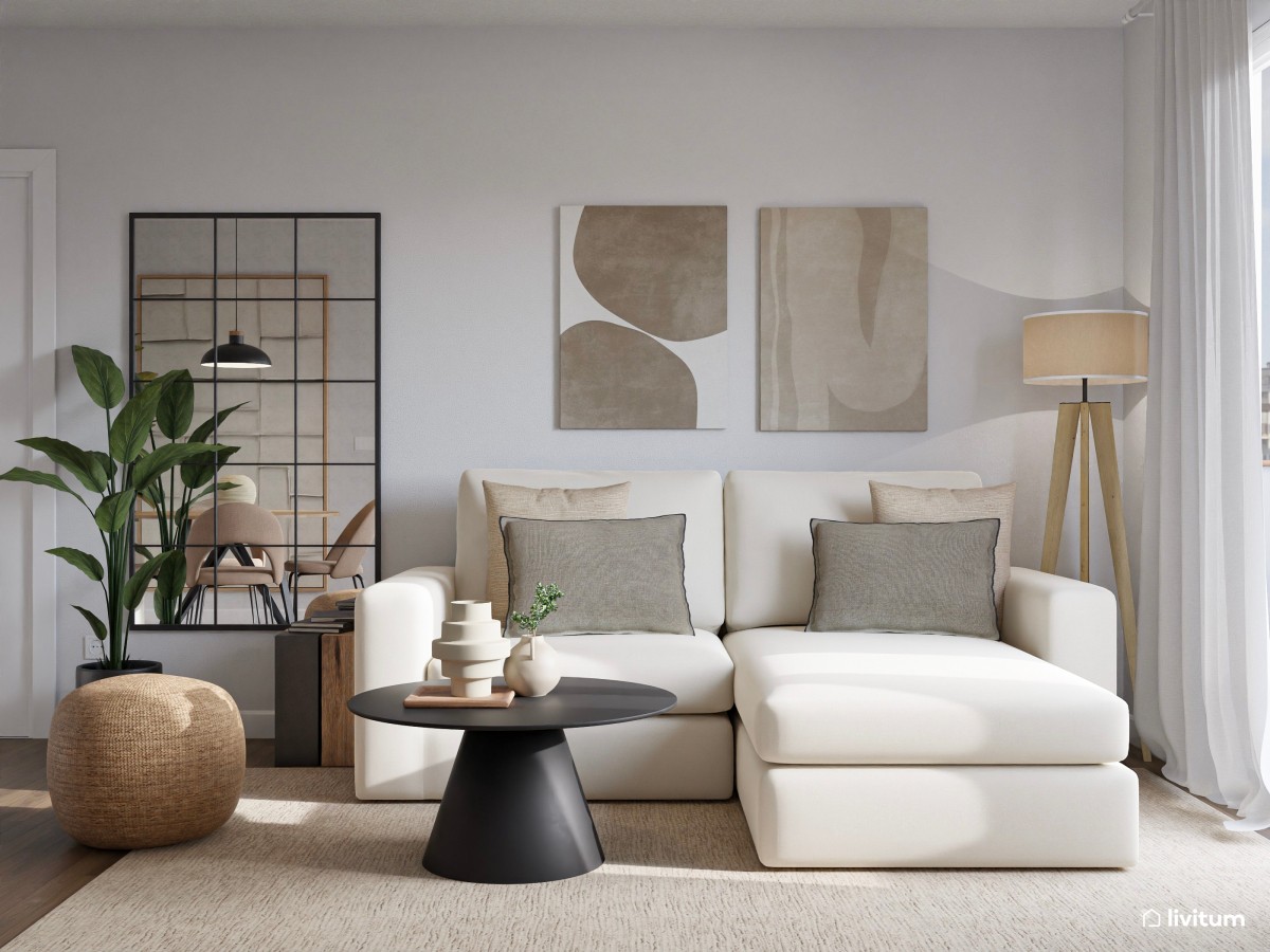 sal&oacute;n peque&ntilde;o en tonos claros, sof&aacute; en L y mesa de centro negra