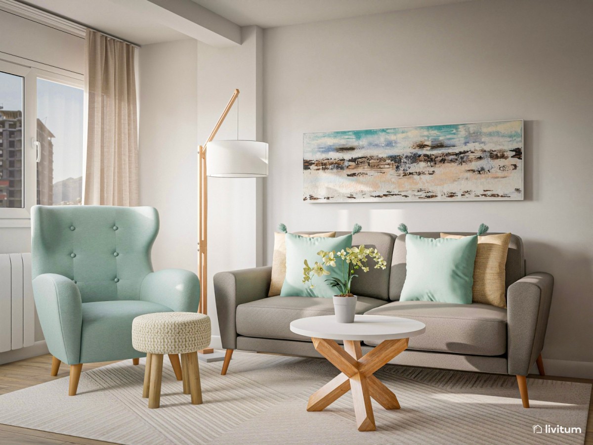sal&oacute;n mediterr&aacute;neo, sof&aacute; y sill&oacute;n en azul y mesa de centro