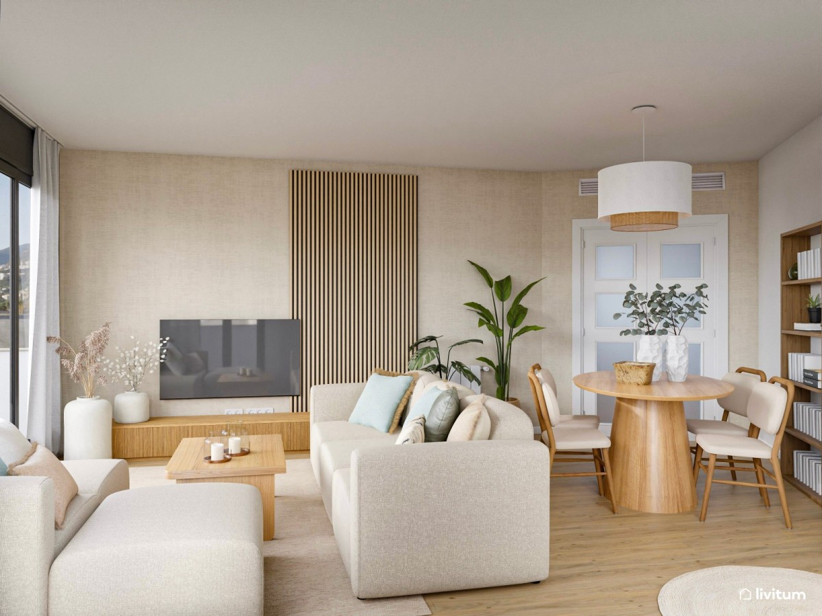 sal&oacute;n comedor en tonos neutros, listones de madera, mesa de comedor redonda y sof&aacute;s