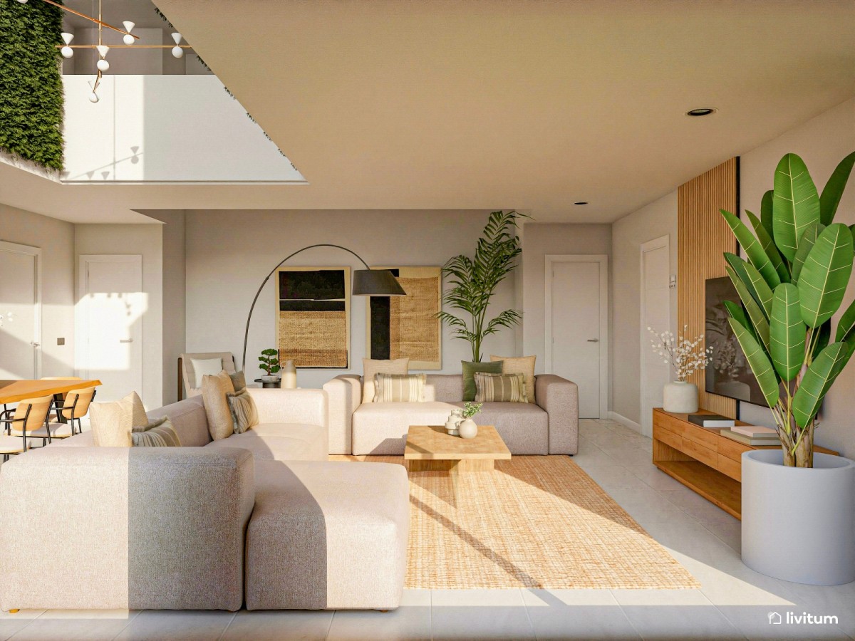 sal&oacute;n comedor en tonos madera, doble altura de techo y plantas decorativas
