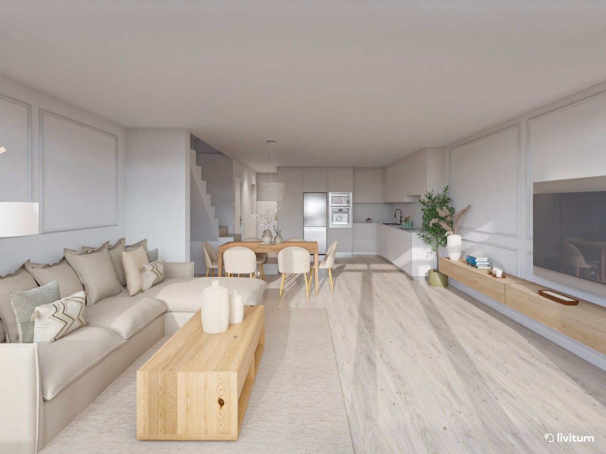 sal&oacute;n comedor con cocina abierta en tonos claros