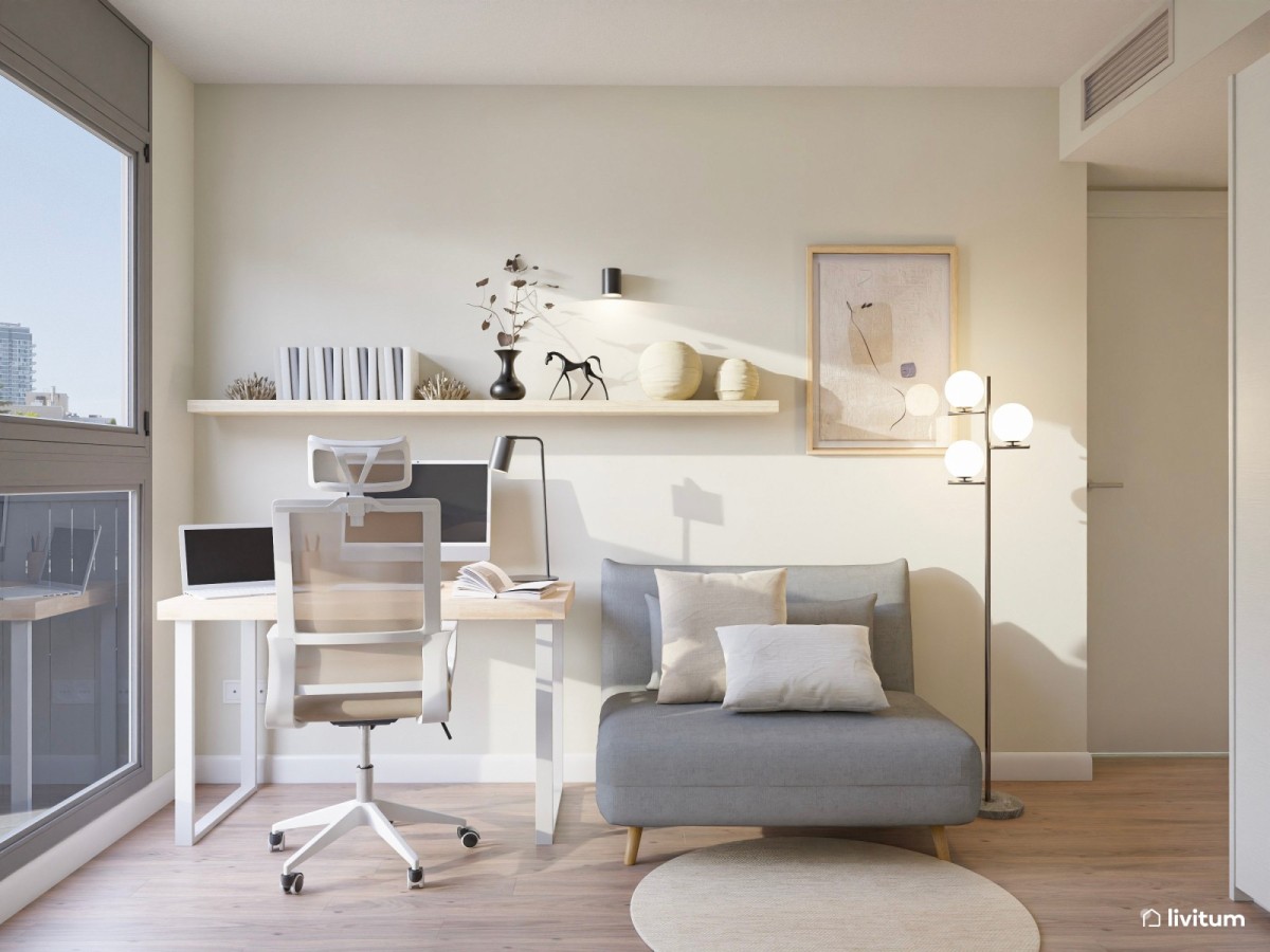 estudio en tonos claros, escritorio y sof&aacute; de descanso