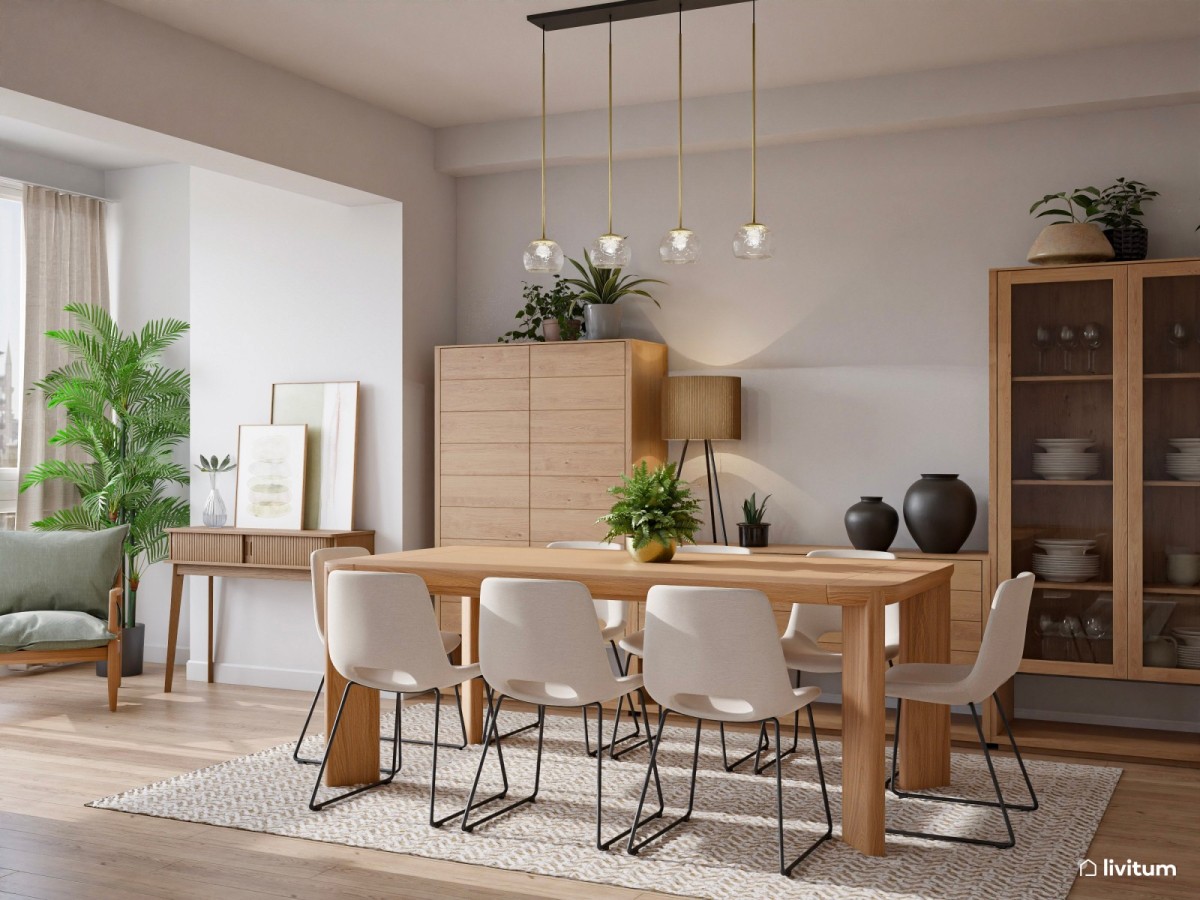 comedor en tonos madera, mesa de comedor alargada y alfombra cuadrada