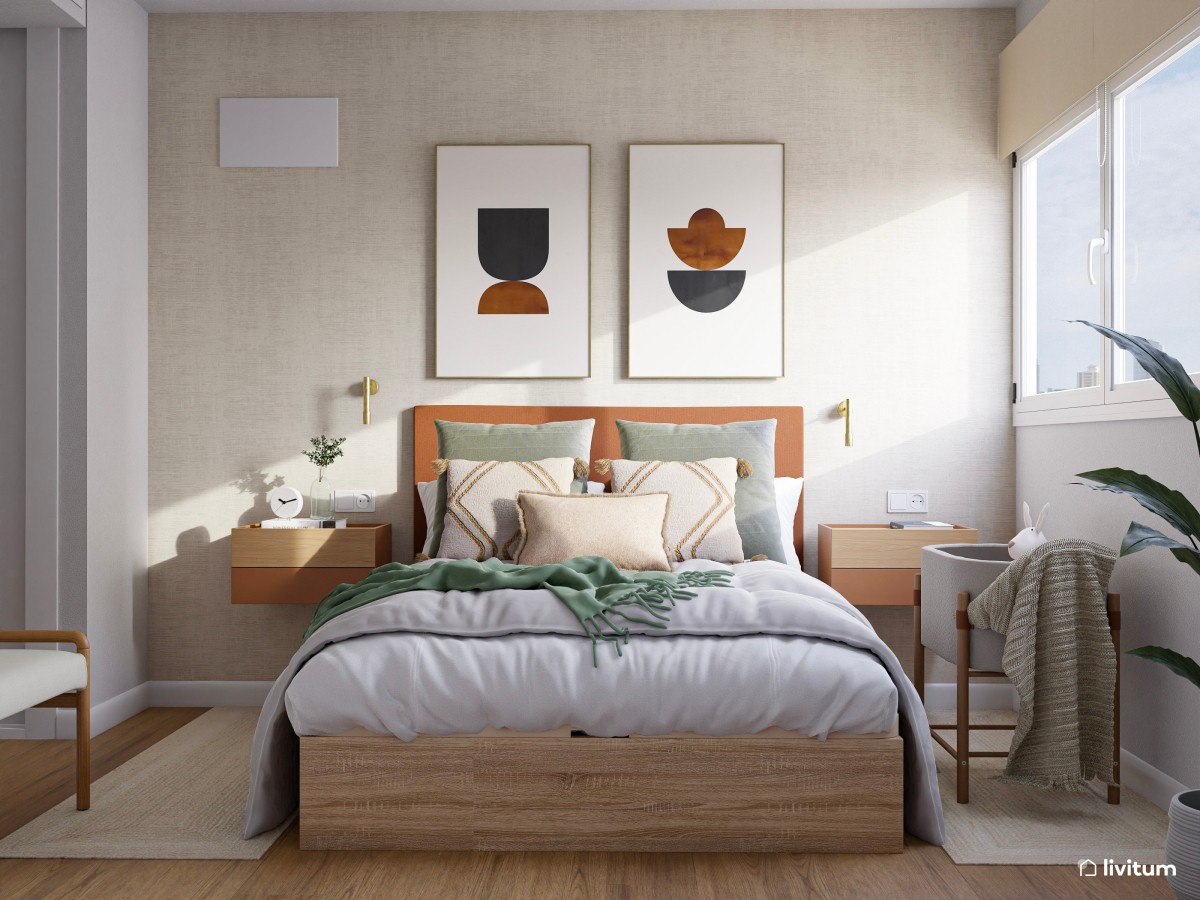 Dormitorio con cabecero naranja rojo y cojines verdes 