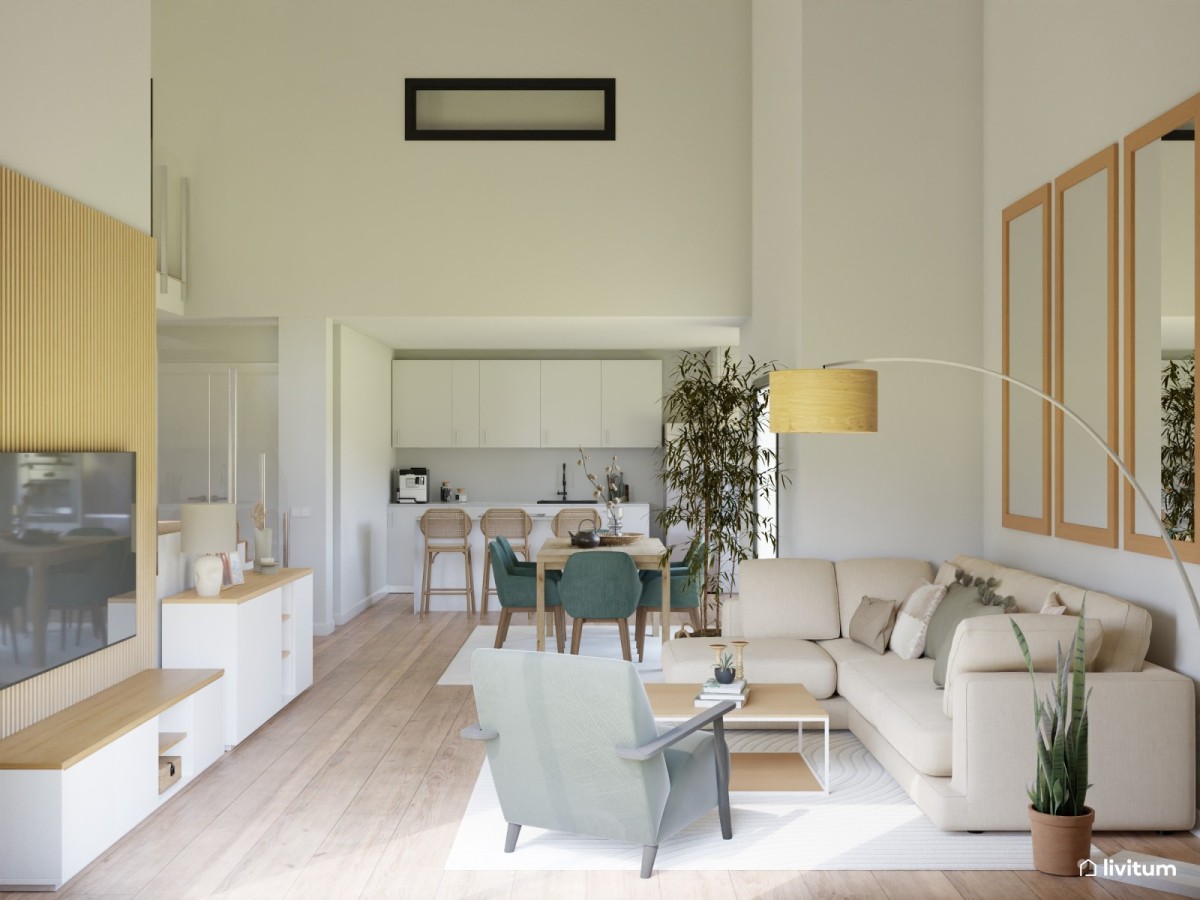 sal&oacute;n con cocina abierta en tonos neutros y detalles en verde