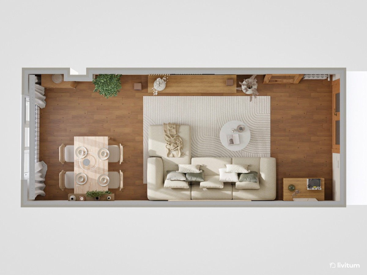 plano sal&oacute;n comedor en tonos madera y sof&aacute; en 