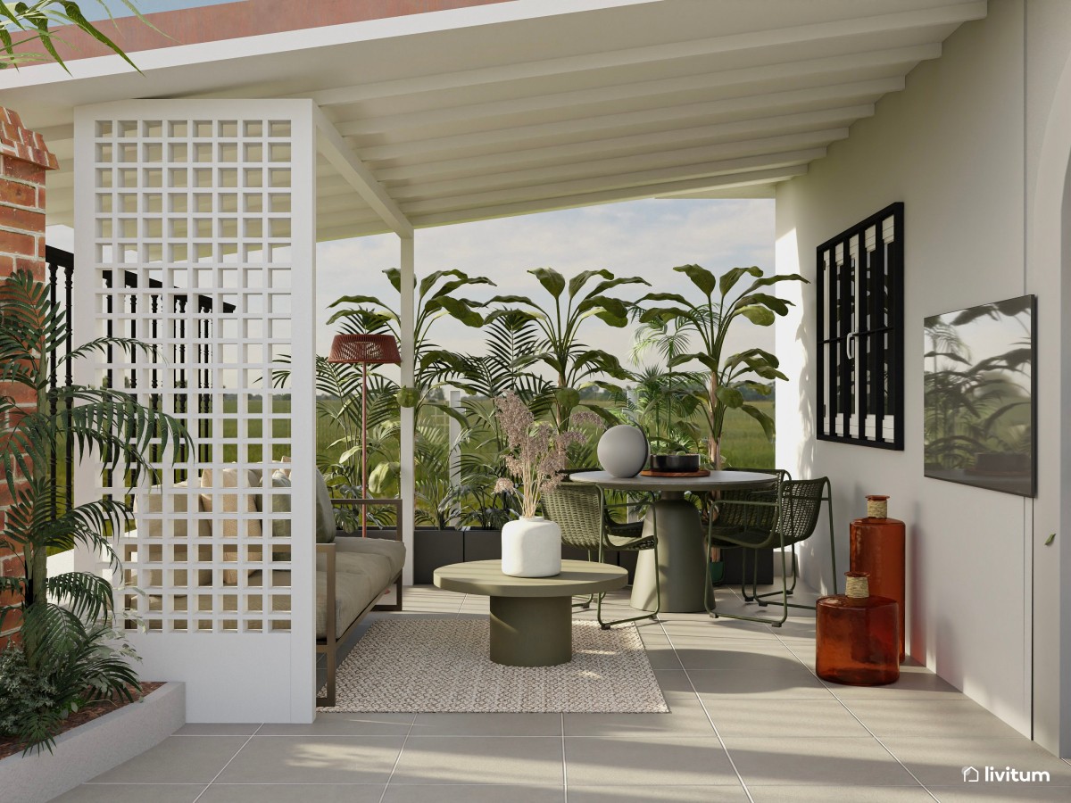 terraza en tonos verde, sofá con mesa de centro y mesa de comedor