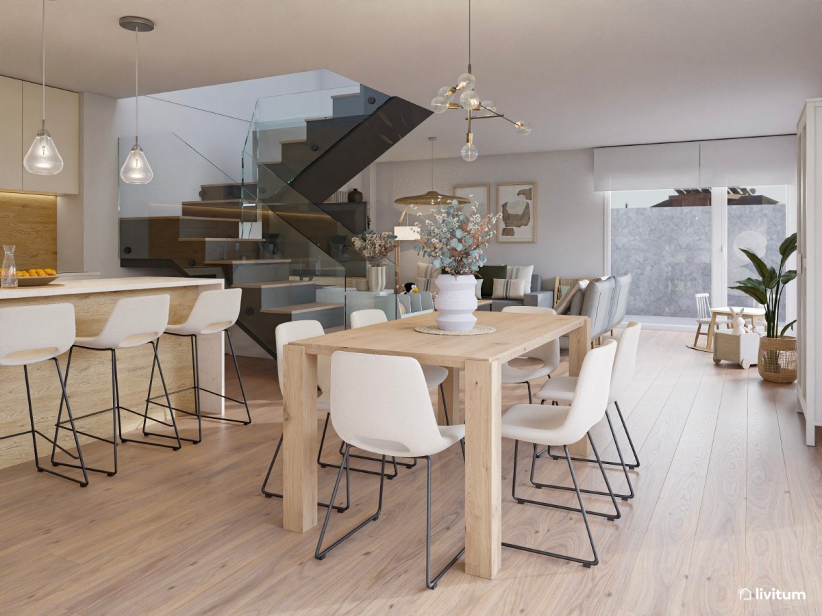 sal&oacute;n comedor con cocina abierta en tonos madera