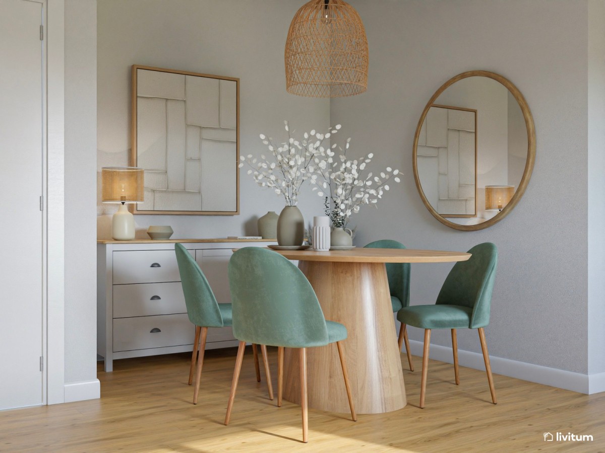 comedor mediterr&aacute;neo en tonos claros y marinos, jarrones de cer&aacute;mica y espejo decorativo