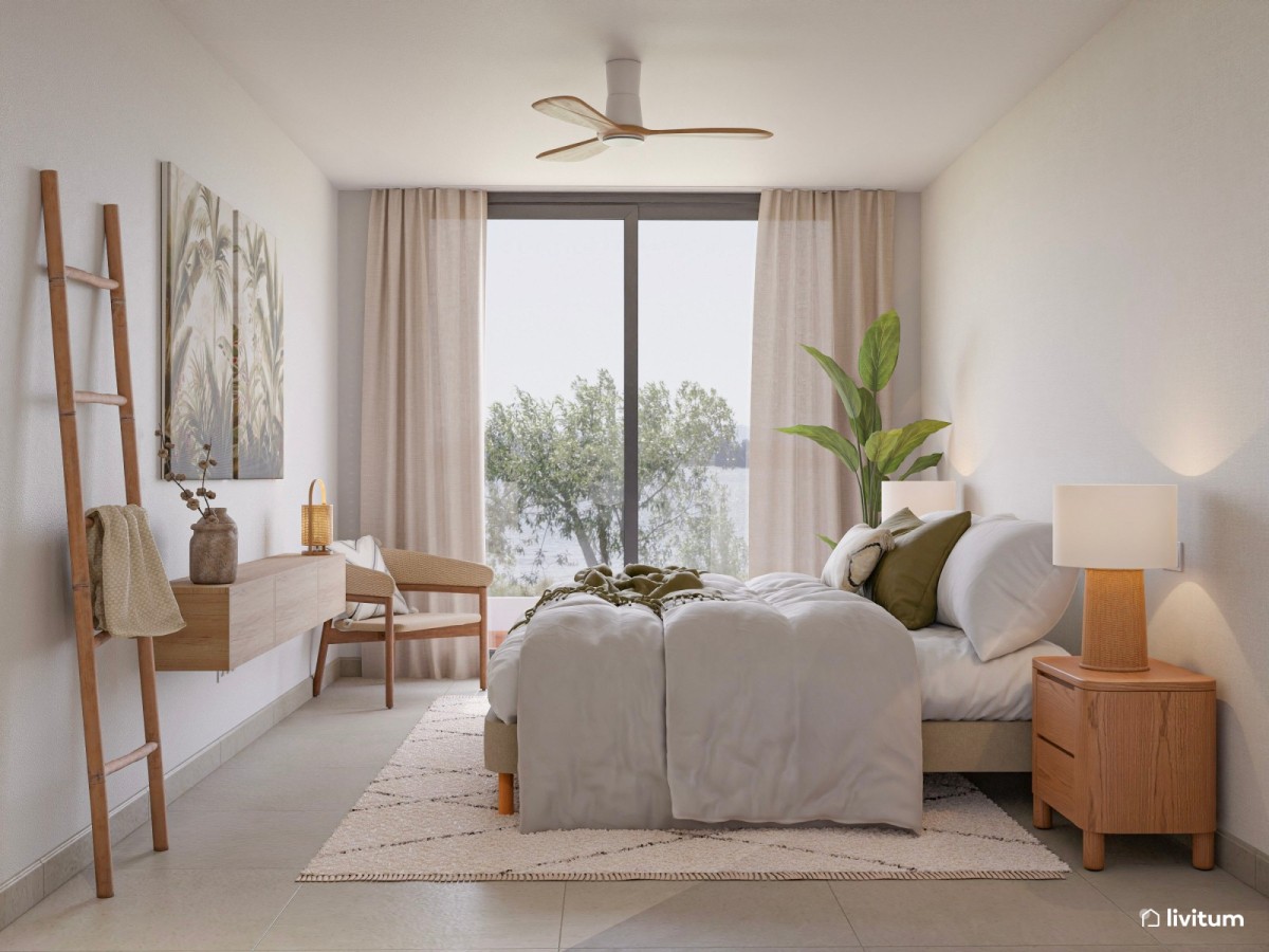 dormitorio en tonos neutros, cama de matrimonio y mesas de noche