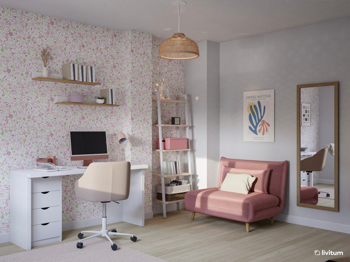 rinc&oacute;n de lectura con sill&oacute;n en rosa fucsia, espejo vertical y estanter&iacute;a