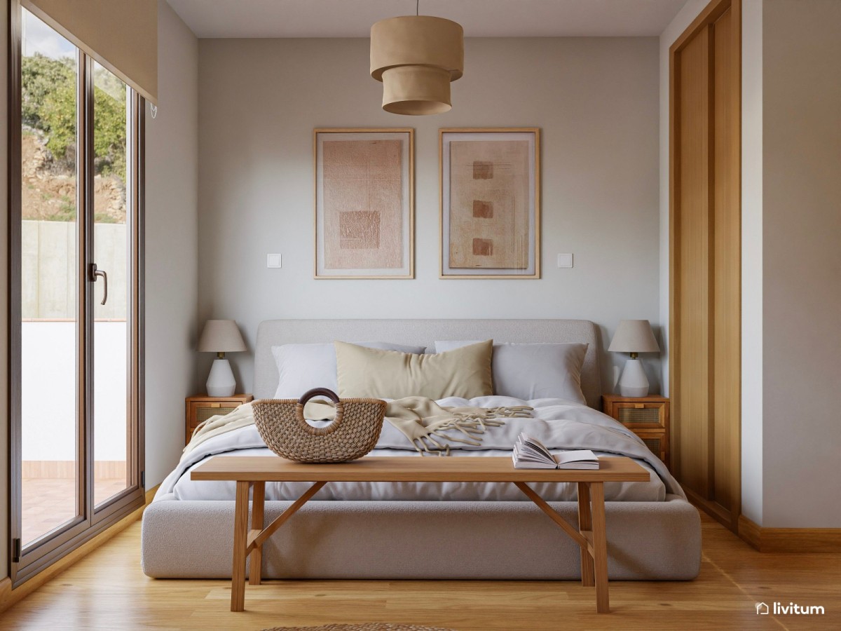 dormitorio de matrimonio en tonos neutros, cama doble y banco de madera