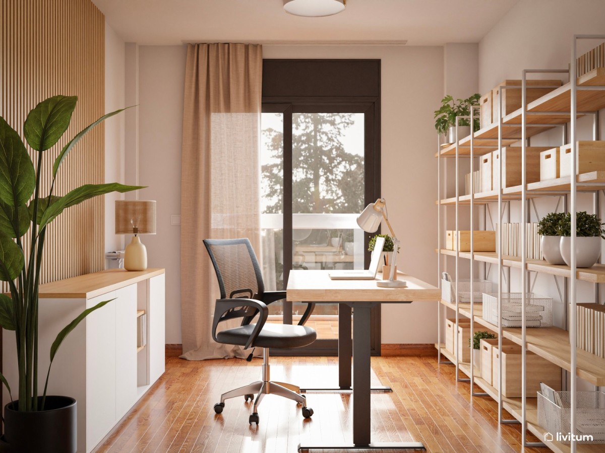 estudio en tonos madera, estanter&iacute;as y planta vertical decorativa