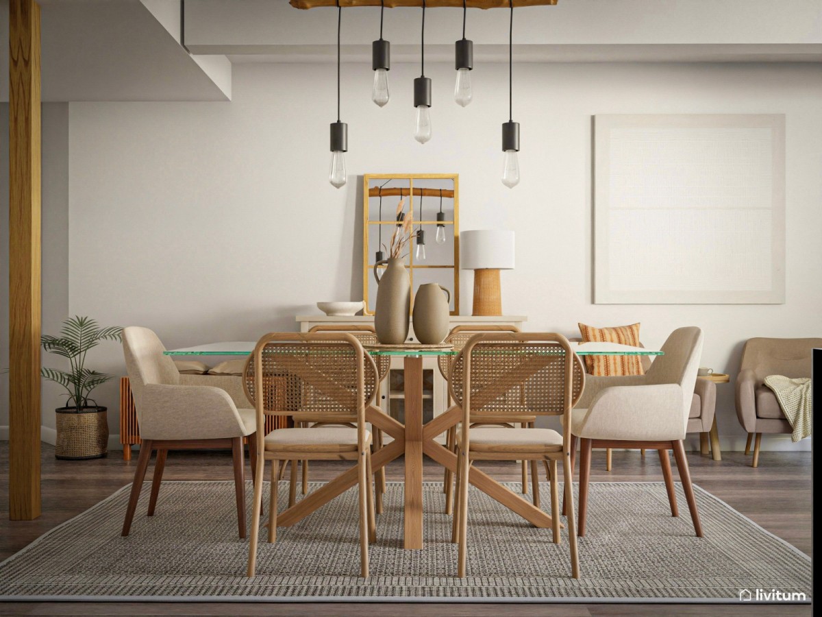 comedor con mesa de cristal y sillas de fibras naturales