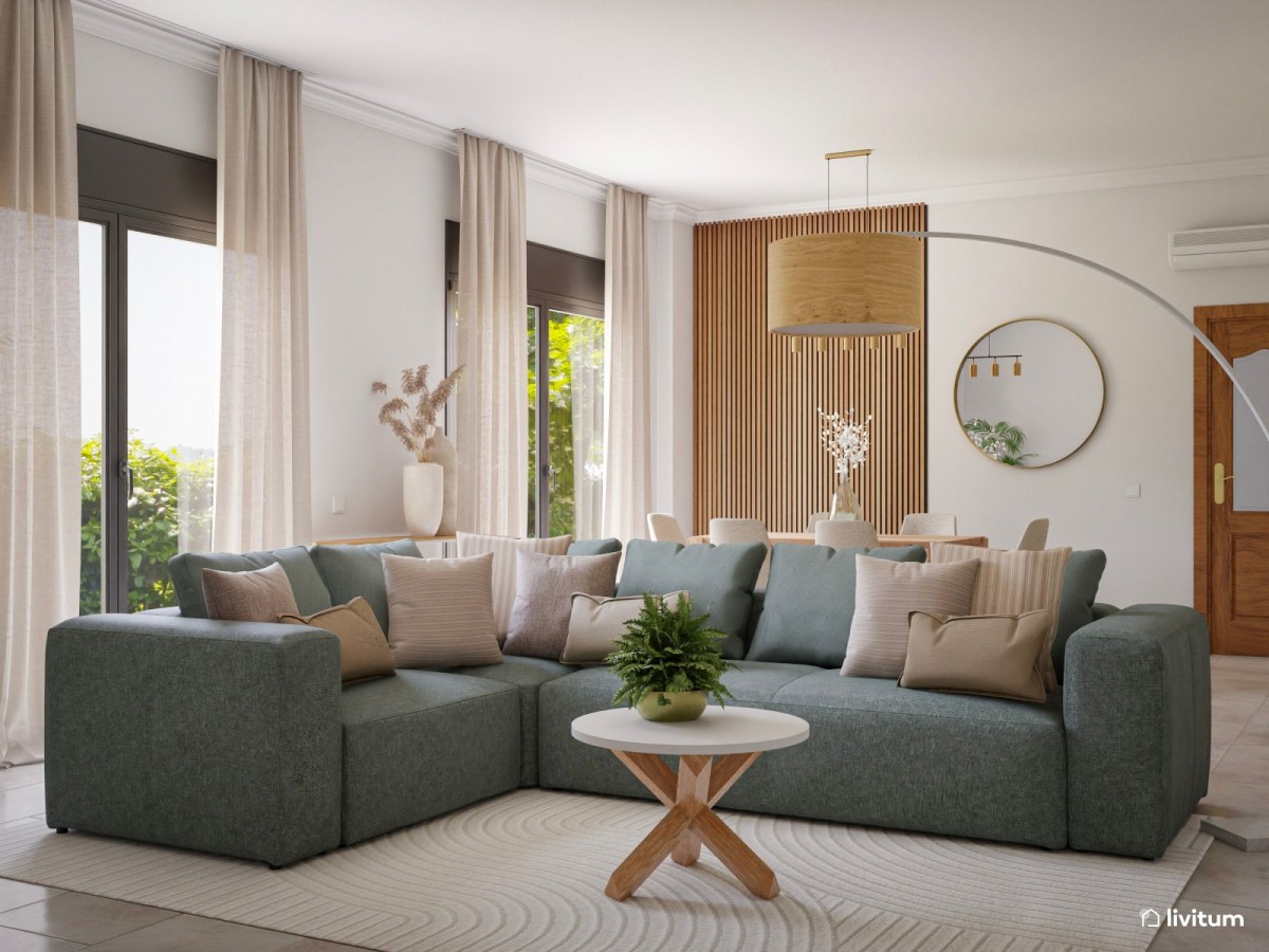 sal&oacute;n con sof&aacute; osucro en forma de L, mesa de centro y alfombra