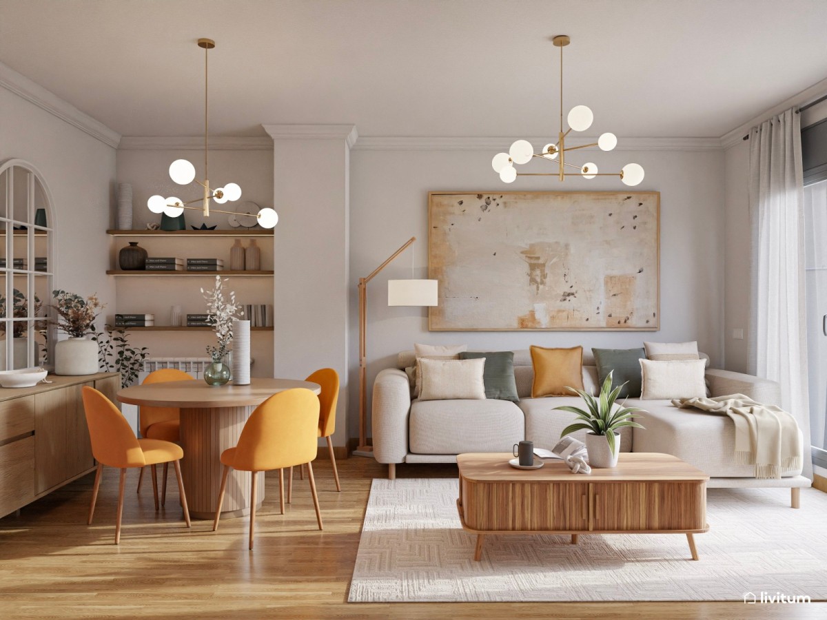 sal&oacute;n comedor en tonos c&aacute;lidos, sof&aacute; en L y mesa de omedor circular