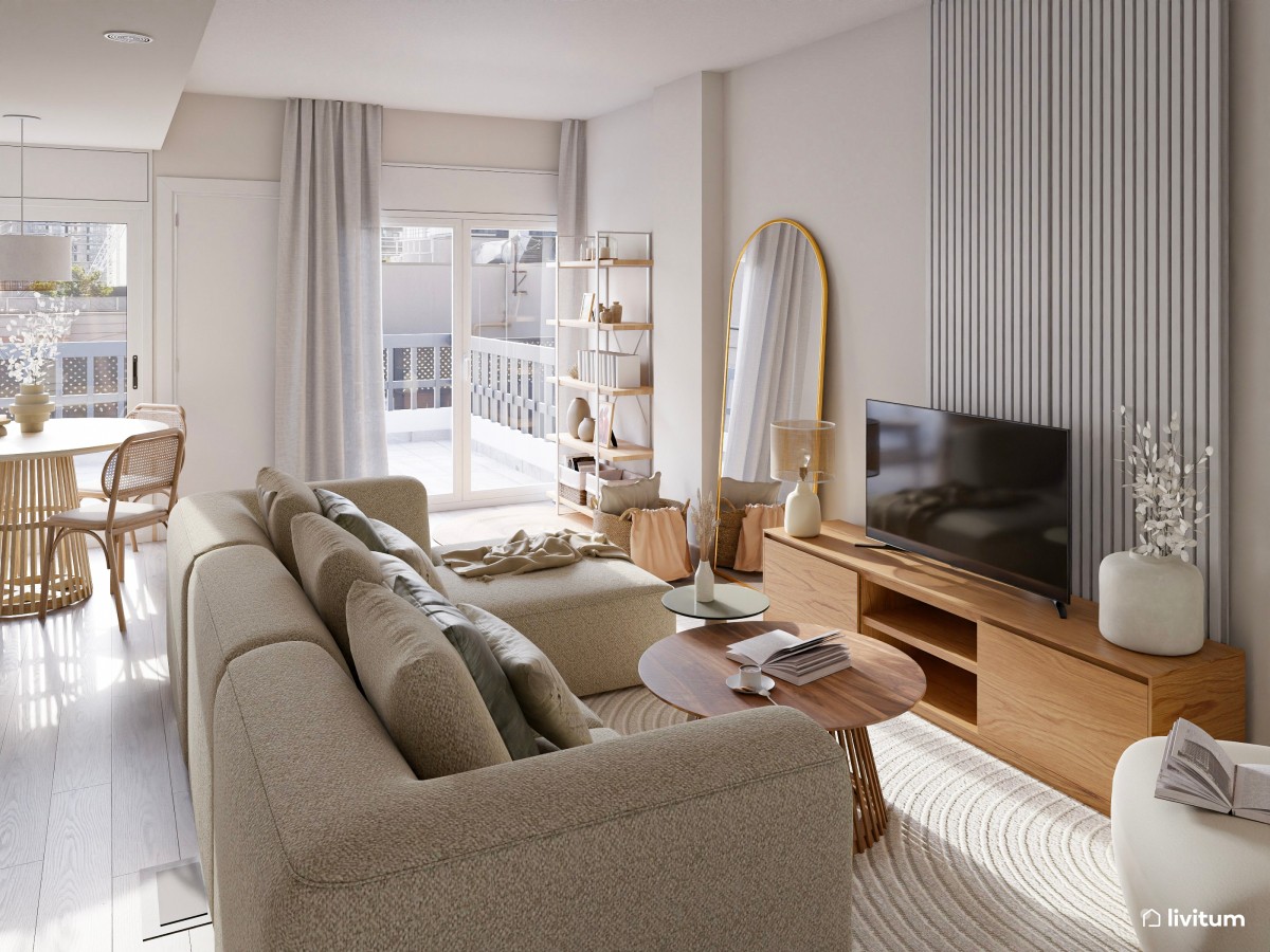 Sal&oacute;n en tonos madera, con sof&aacute; en forma de 