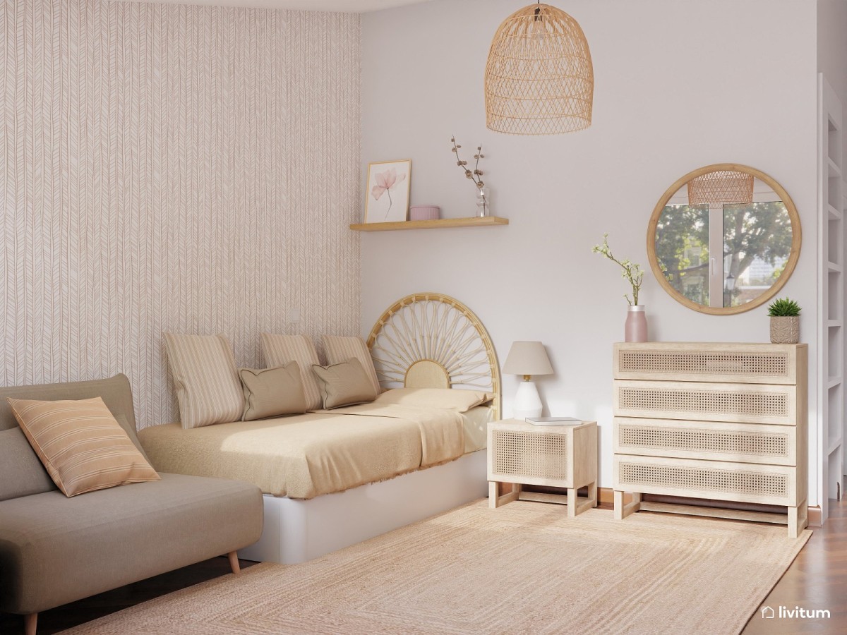 habitaci&oacute;n juvenil peque&ntilde;a en tonos rosas y espejo frente la ventana