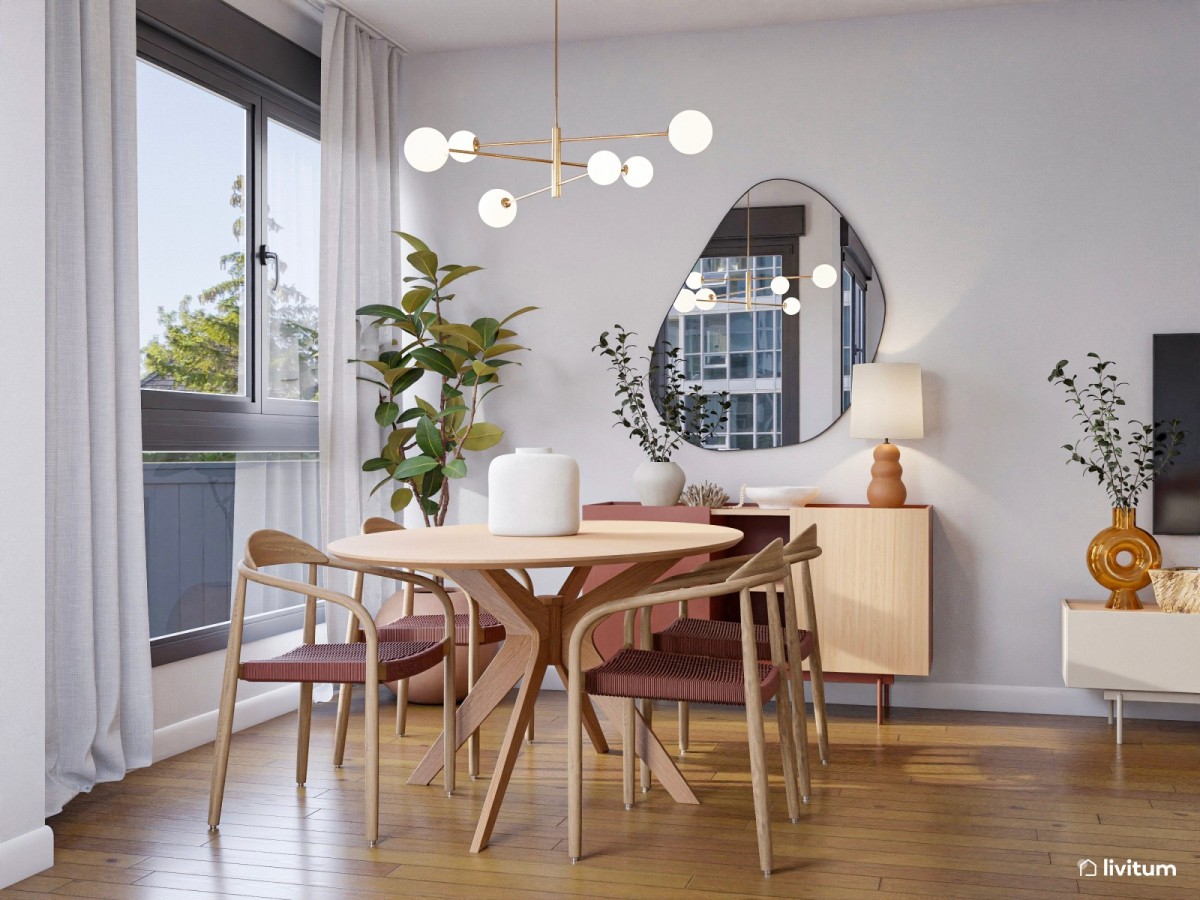 comedor con mesa de madera circular y sillas con fibras color terracota