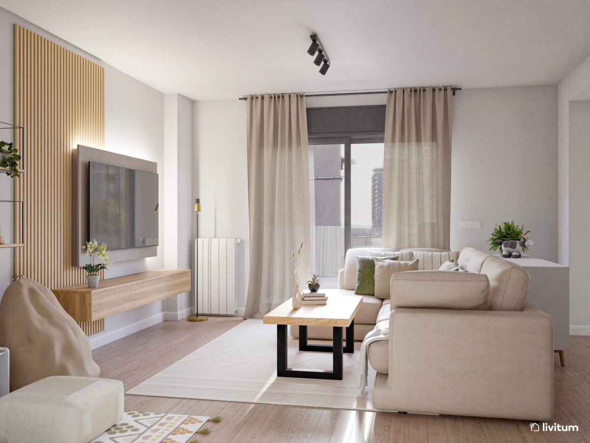 salón en tonos neutros, listones de madera y sofá en L con mesa de centro de madera