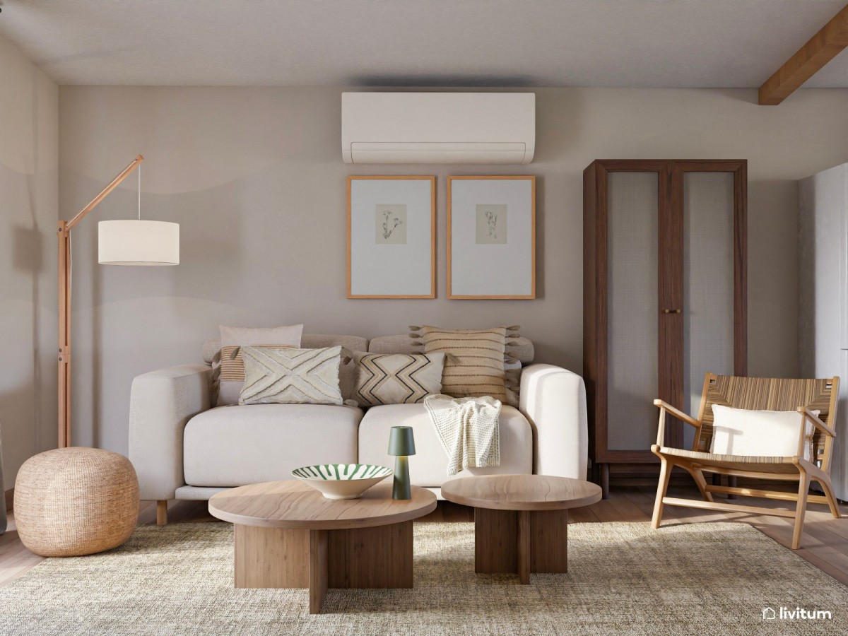 sal&oacute;n en tonos en tonos madera oscura y doble mesa de centro