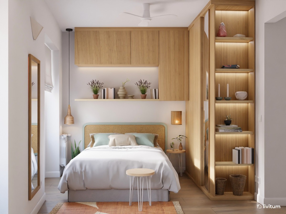 dormitorio en tonos madera, con mucho espacio de almacenaje 