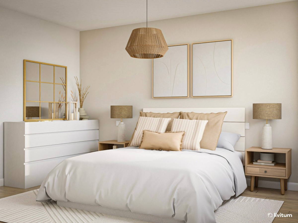 dormitorio en tonos claros, cama de matrimonio y mesas de noche de madera