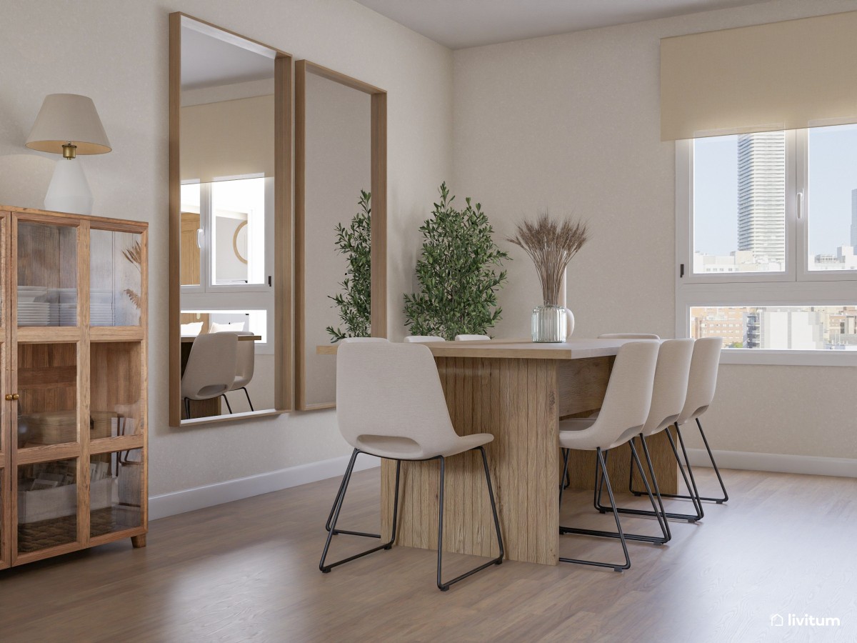 comedor en tonos madera, sillas blancas y un par de espejos verticales