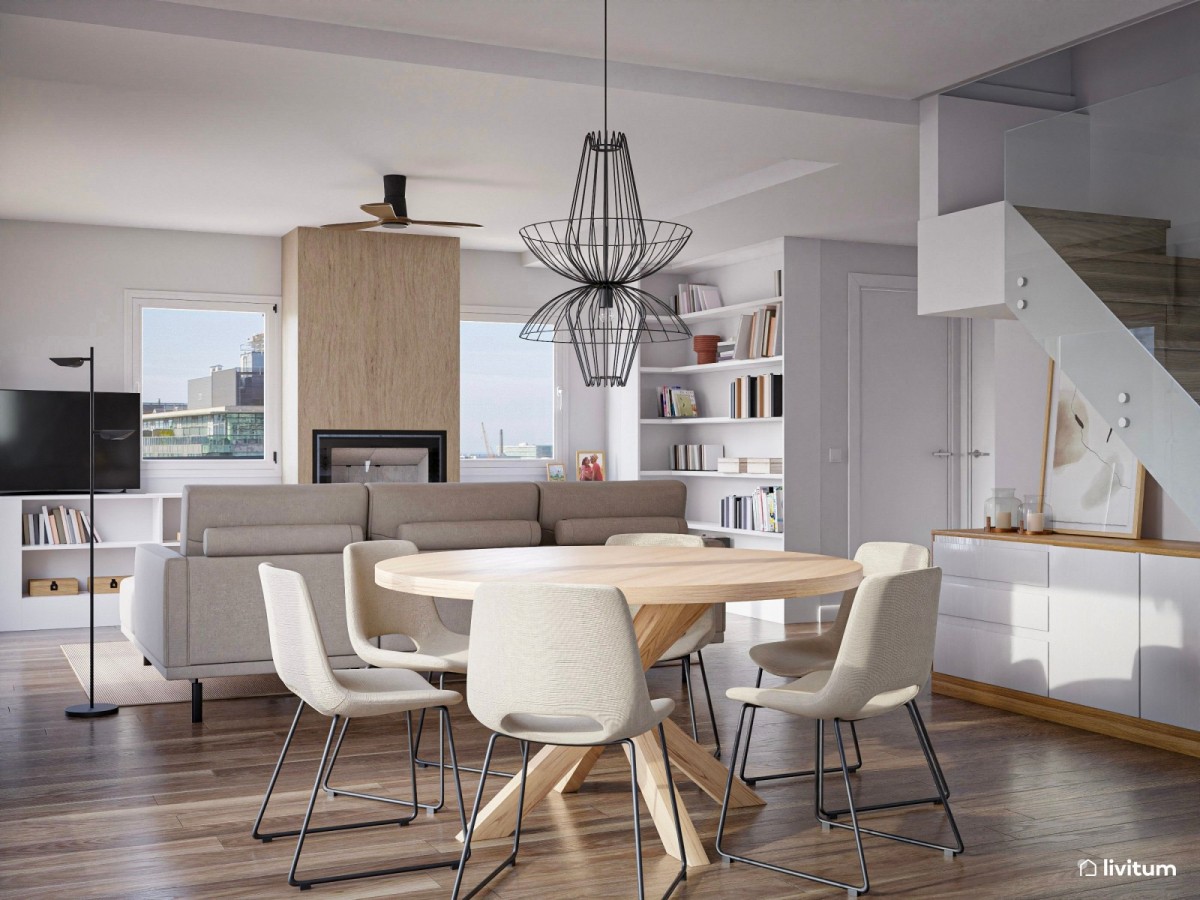 sal&oacute;n comedor en tonos neutros, mesa de comedor circular y sof&aacute; en tonos grises