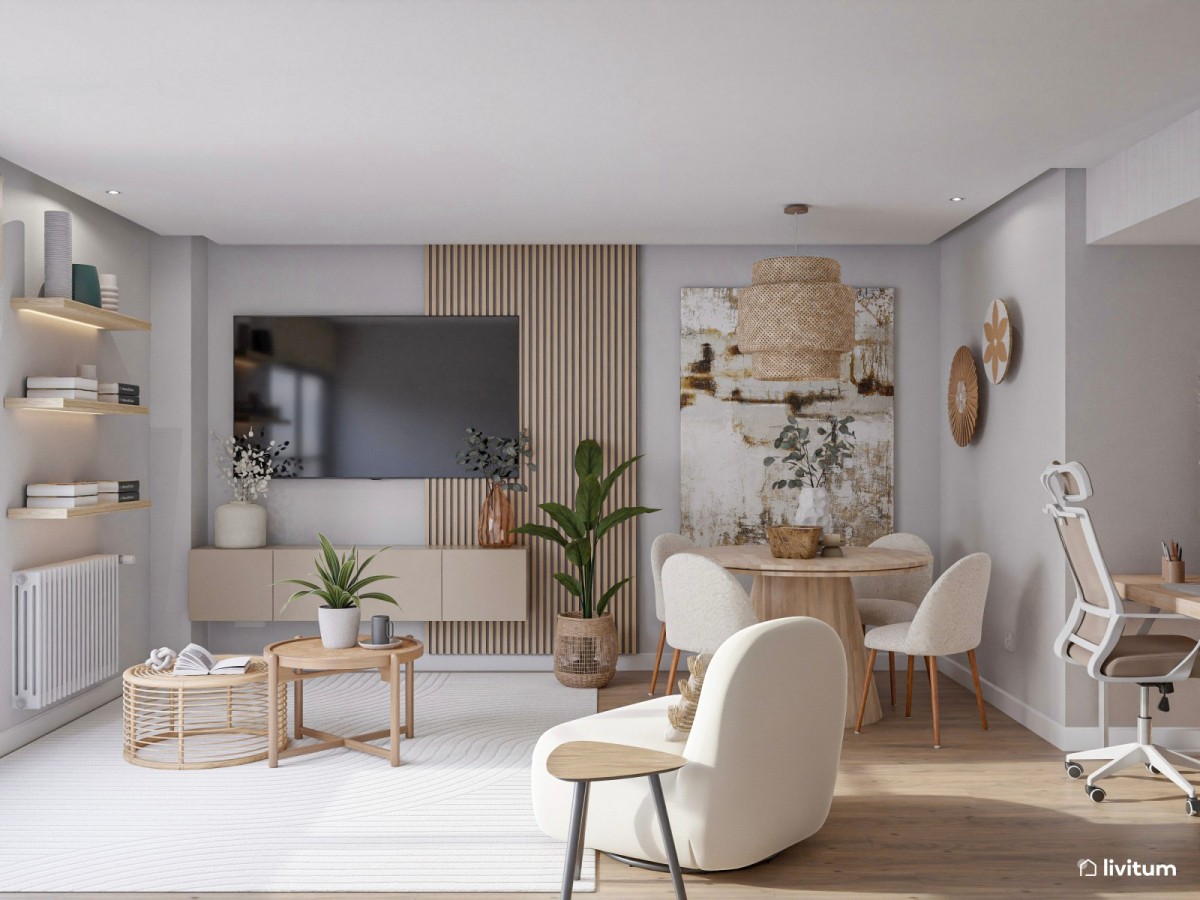sal&oacute;n comedor con listones de madera, mesa de comedor circular y alfombra cuadrada