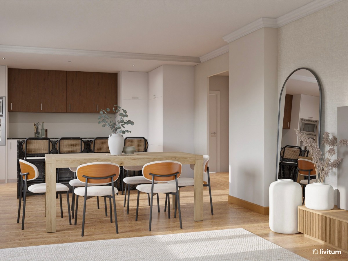 comedor con cocina integrada en tonos neutros y detalles oscuros
