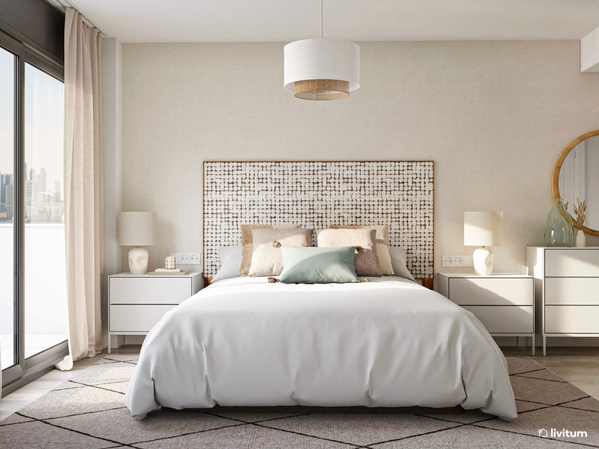 dormitorio en tonos claros y cama de matrimonnio