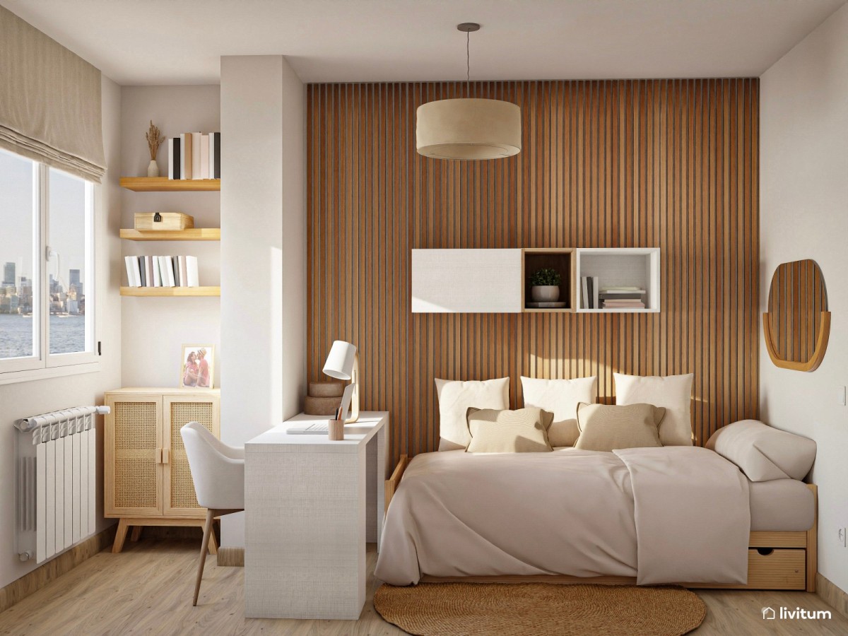 dormitorio con listones de madera y escritorio de estudio