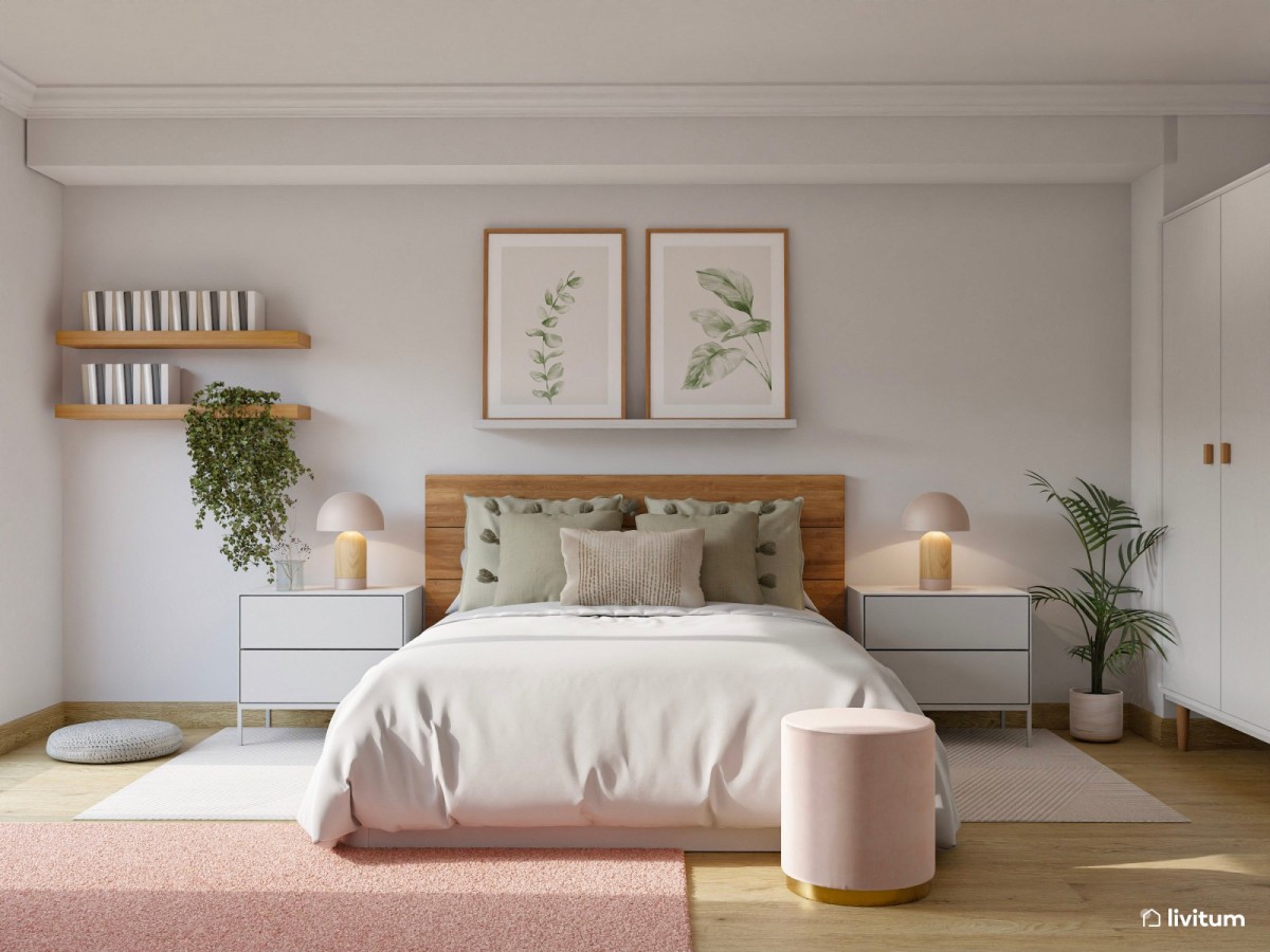 dormitorio en tonos pastel, cama de matrimonio y mesas de noche