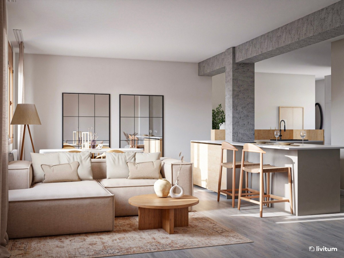 sal&oacute;n comedor con cocina integrada en tonos grises y detalles madera
