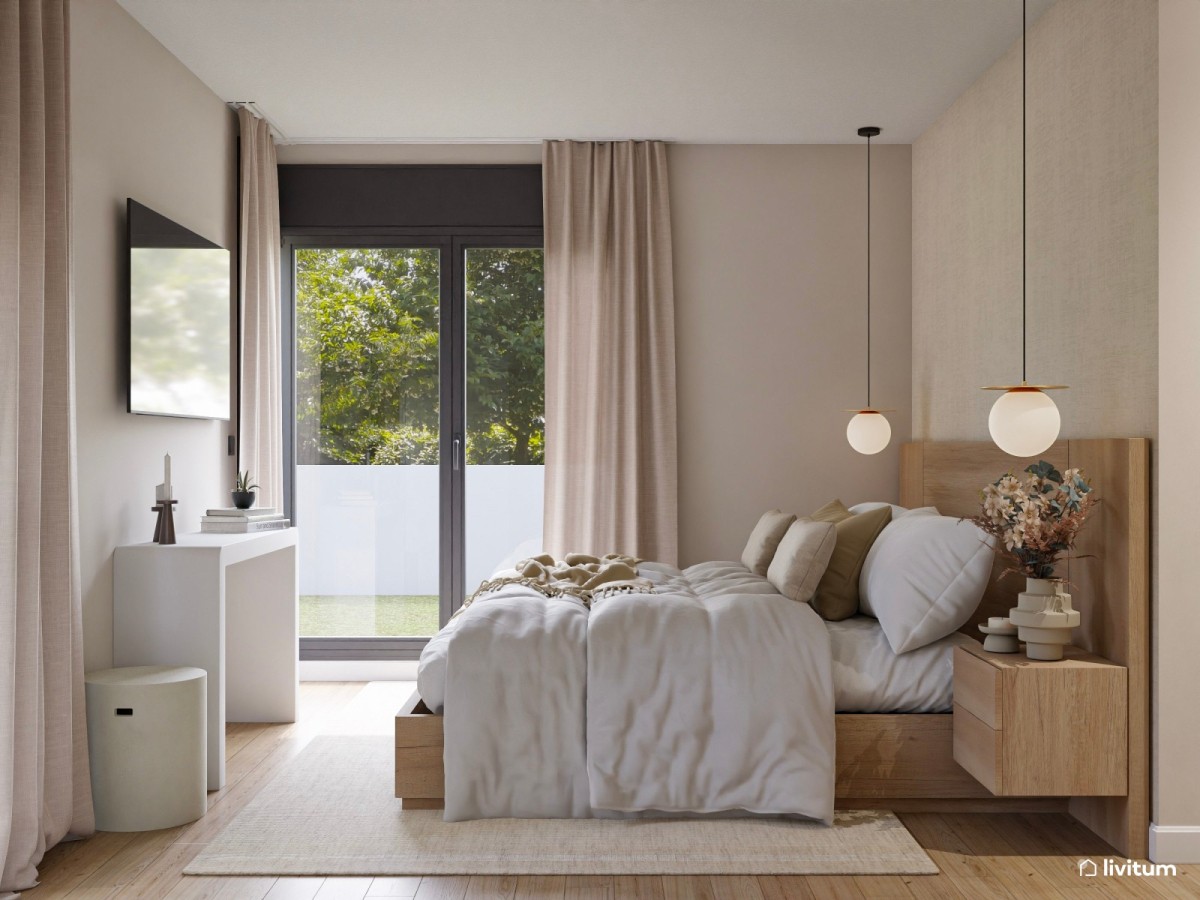 dormitorio en tonos neutros y madera, cama de matrimonio  y mesas flotantes