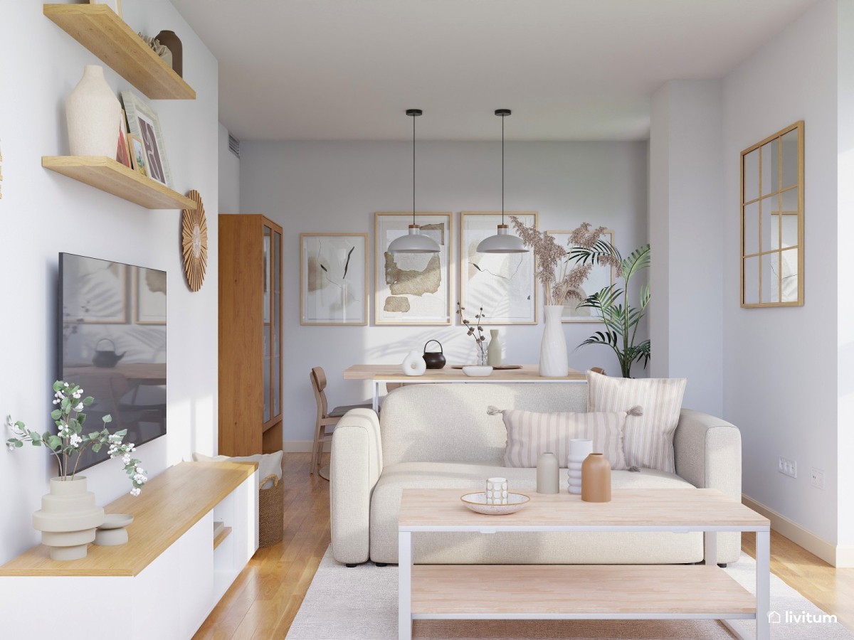 sal&oacute;n comedor peque&ntilde;o en tonos claros y madera, mesa de comedor, sof&aacute; peque&ntilde;o y mesita de centro