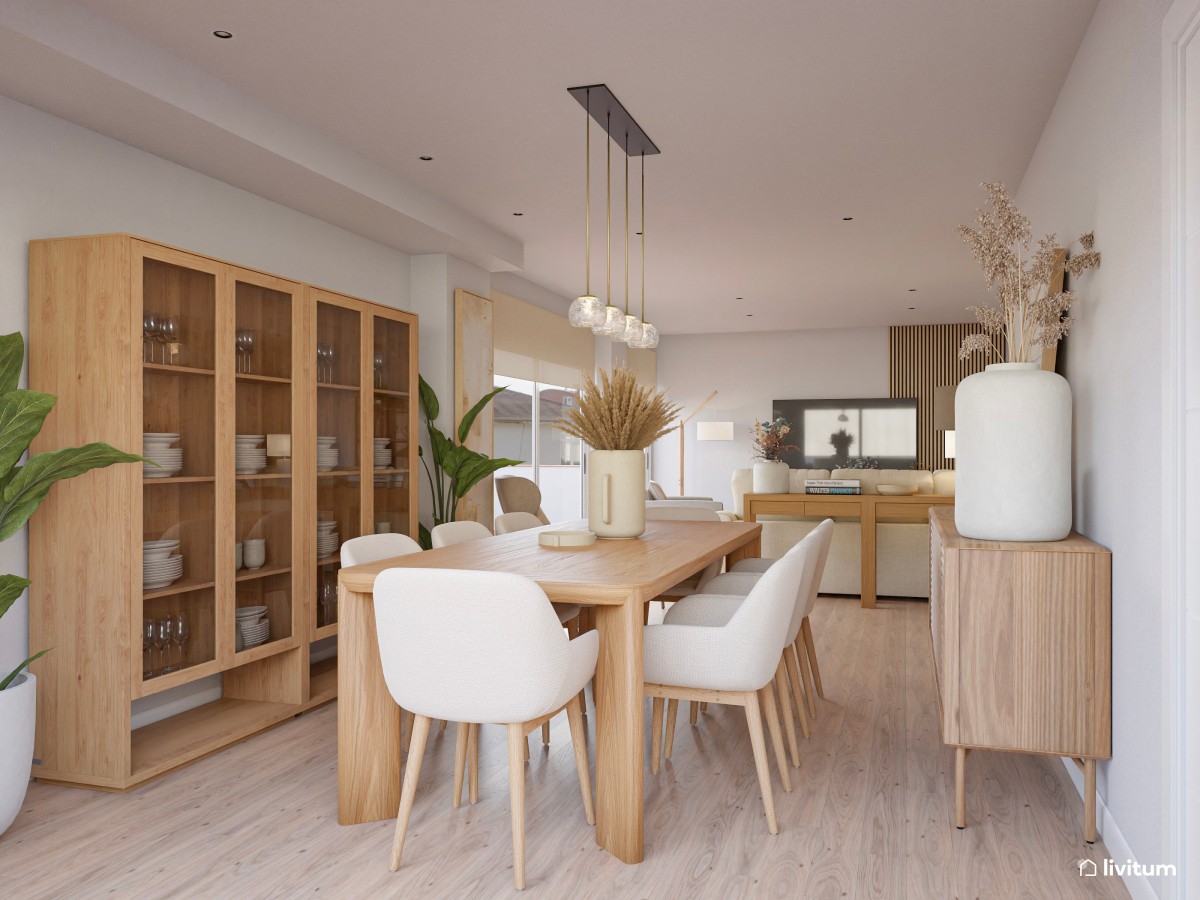 comedor con sillas beige con reposabrazos 