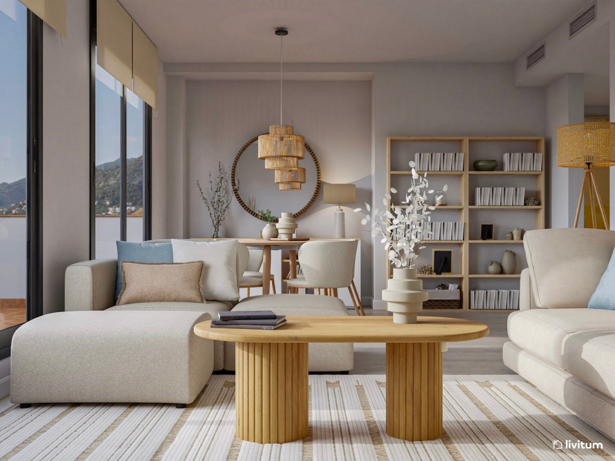 Salón comedor en tonos claros, sofá doble y mesa de centro