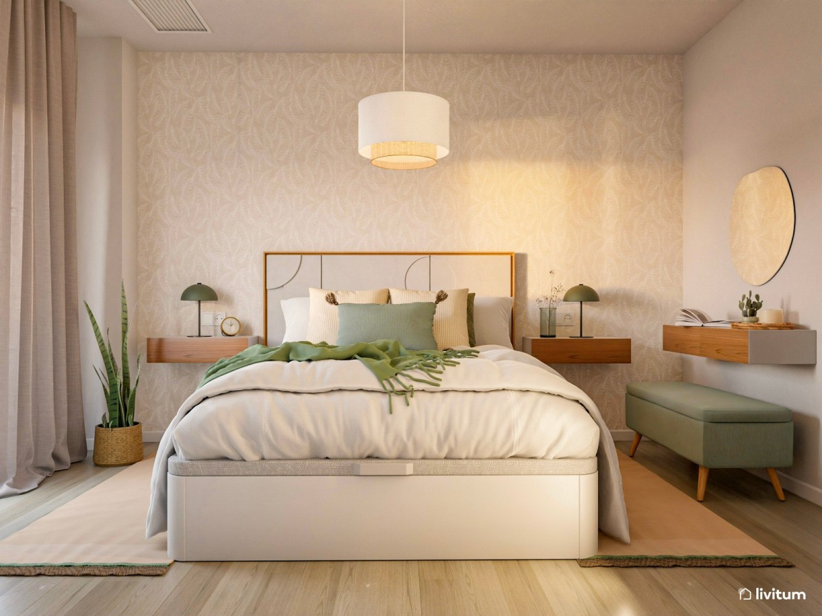 dormitorio con papel pintado, cama de matrimonio y mesas de noche flotantes