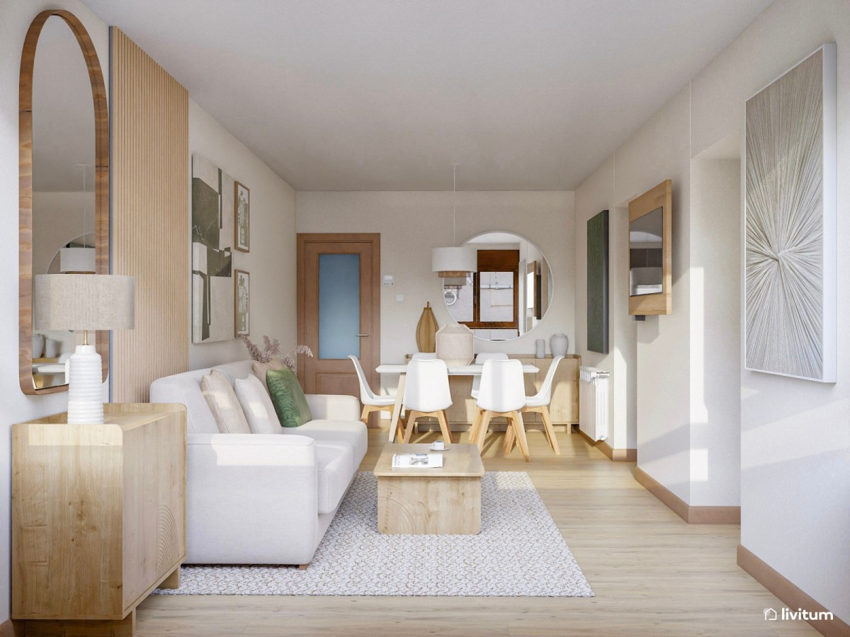 sal&oacute;n comedor en tonos neutros, mesa de comedor rectangular, sof&aacute;, mesa de centro y alfombra