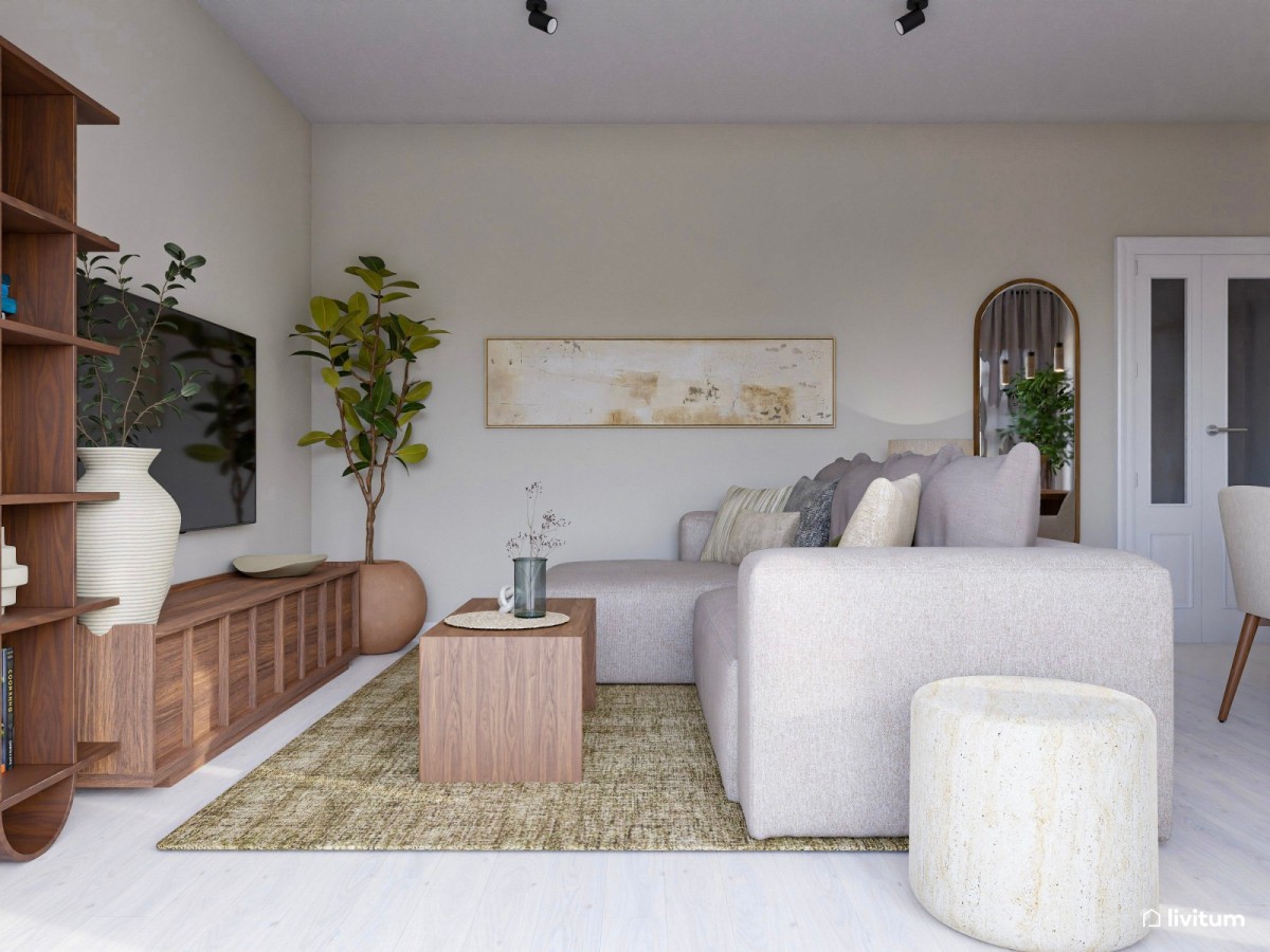 sal&oacute;n en tonos madera oscura, sof&aacute; en L y mesa de centro