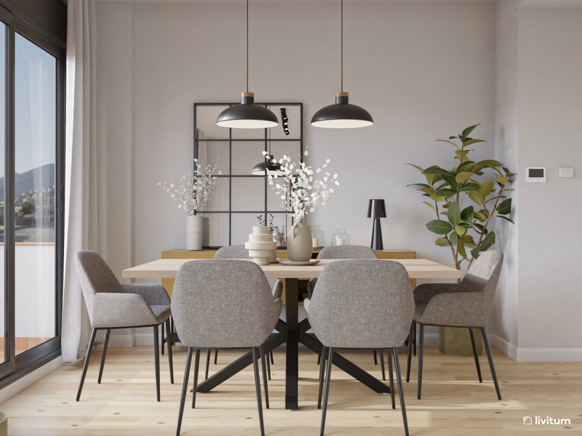 comedor en tonos neutros, mesa de comedor rectangular y sillas grises