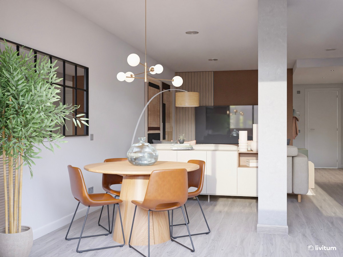 sal&oacute;n comedor en tonos madera, sof&aacute; en L y mesa de comedor circular