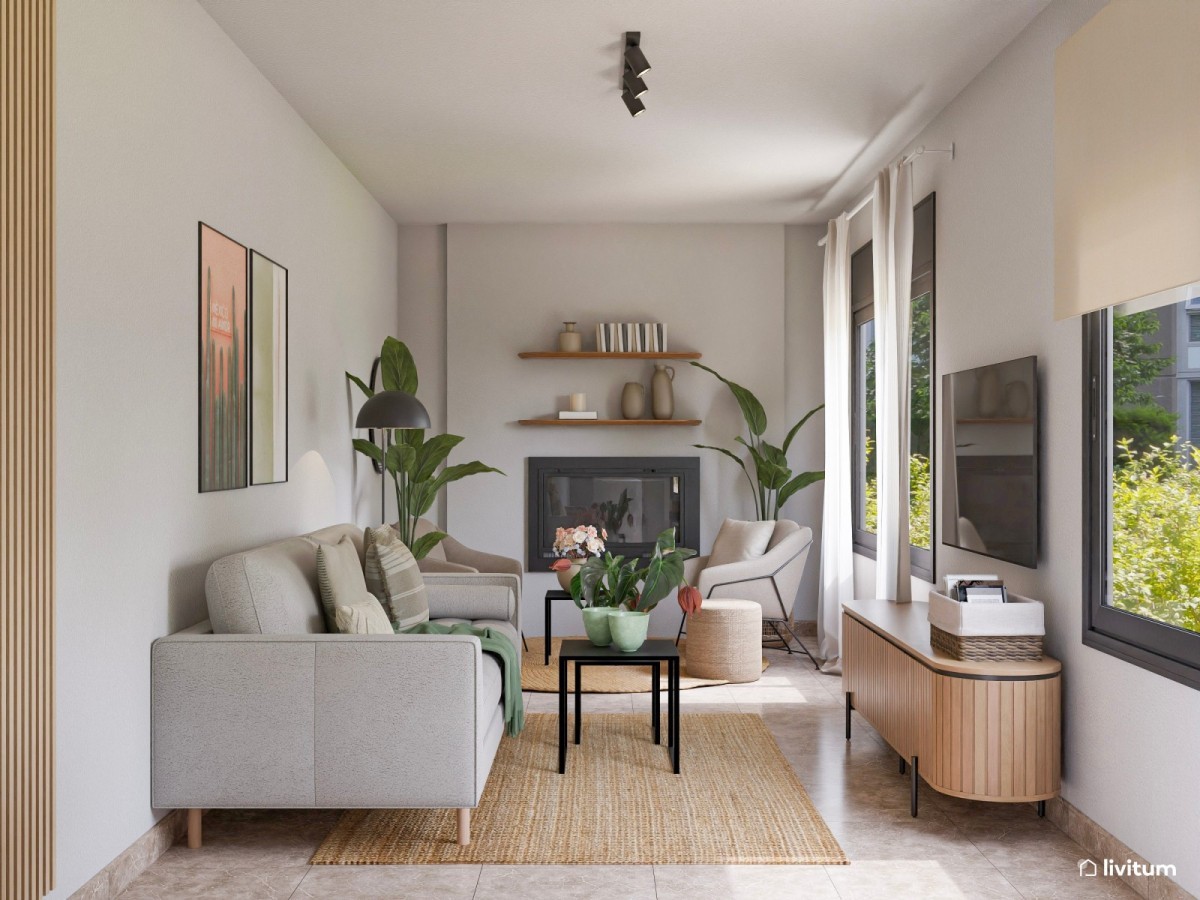 sal&oacute;n estrecho y peque&ntilde;o con sof&aacute;s y sillones