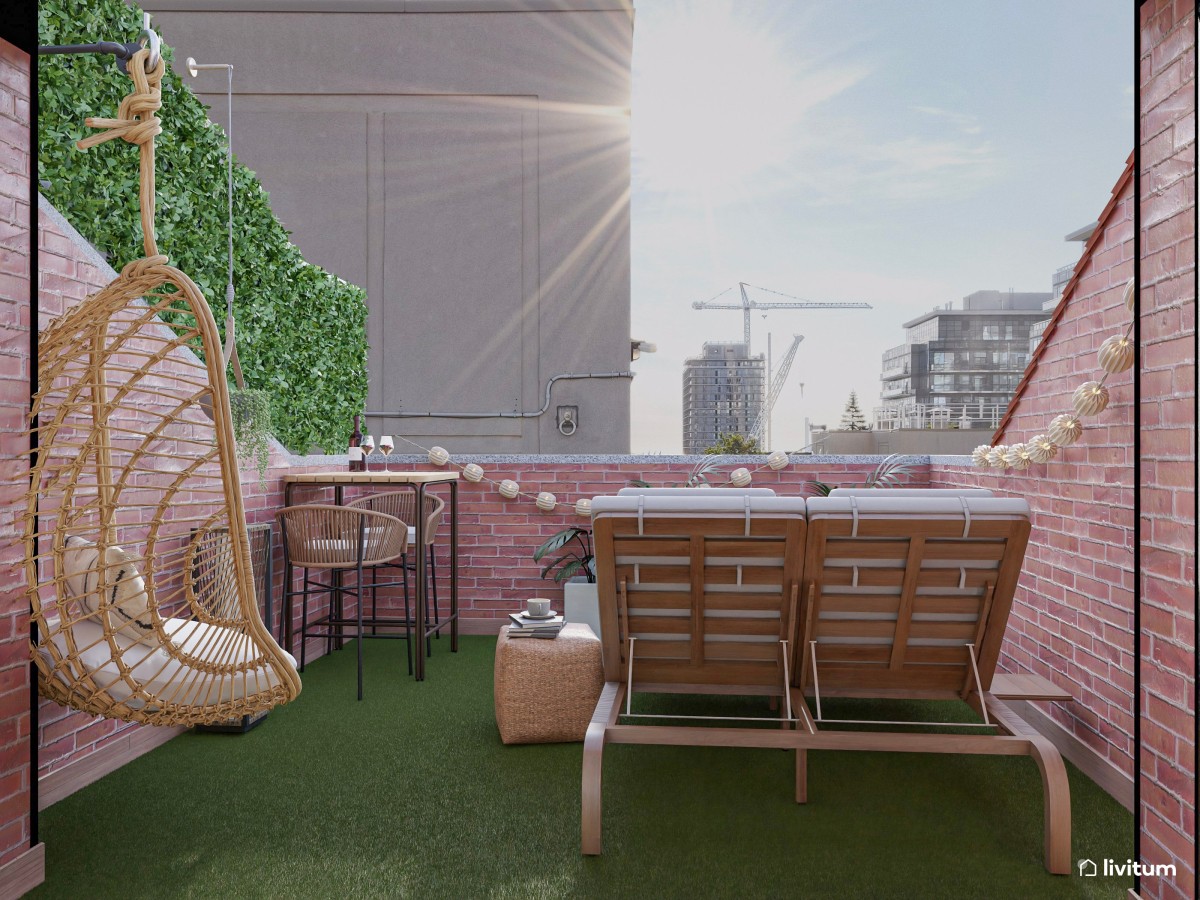 terraza con zona de descanso, hierba artificial y tumbonas