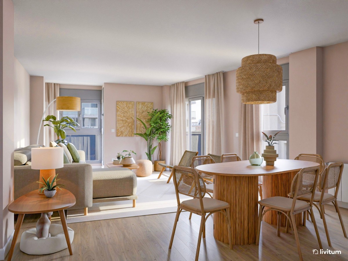 sal&oacute;n comedor en tonos madera y plantas decorativas